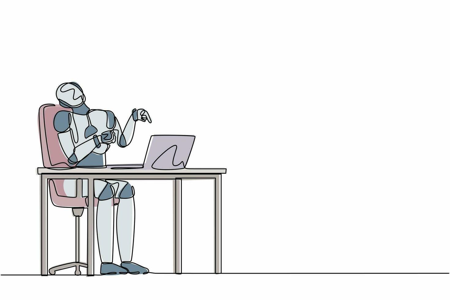 il responsabile del robot di disegno continuo di una linea ride ad alta voce mentre punta il dito verso il laptop. organismo cibernetico robot umanoide. futuro sviluppo robotico. illustrazione vettoriale di disegno a linea singola