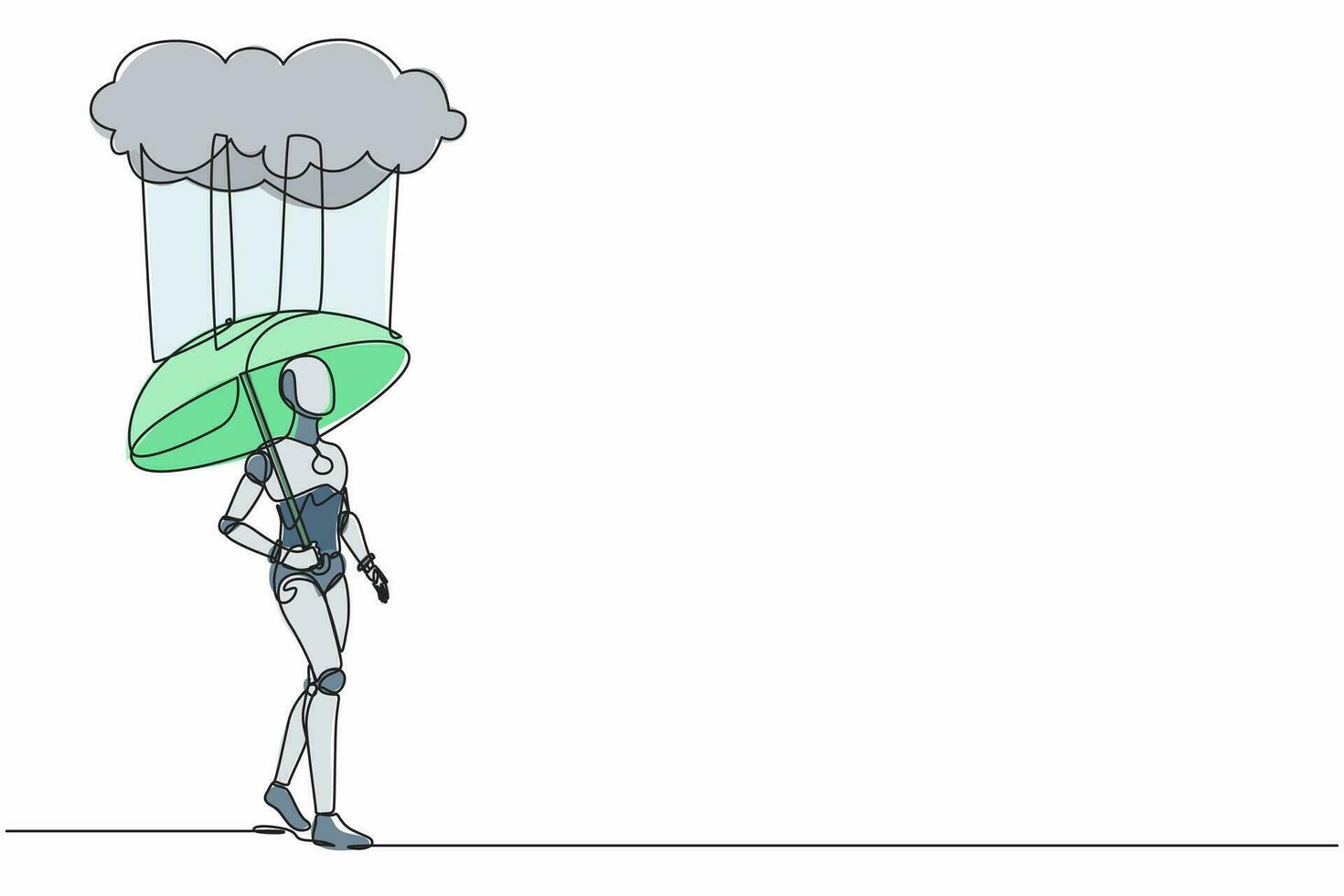 robot per disegnare una linea continua con portaombrelli sotto la nuvola di pioggia. depressione, passante in caso di pioggia. organismo cibernetico robot umanoide. illustrazione grafica vettoriale di disegno a linea singola