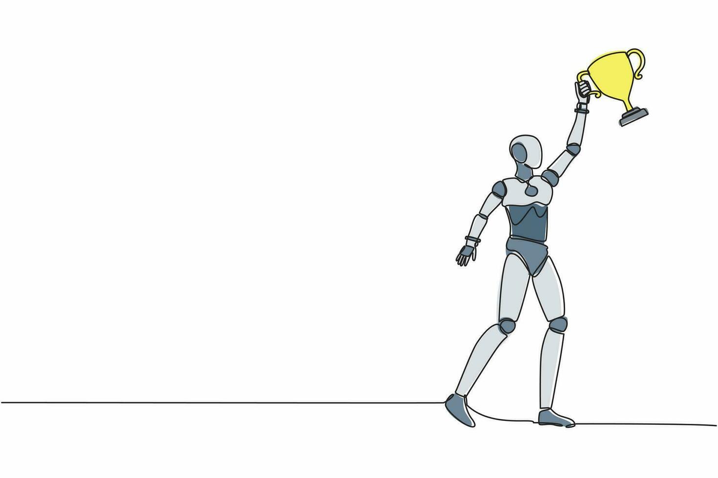 singolo robot di disegno a tratteggio che tiene il trofeo con una mano. successo e raggiungimento degli obiettivi. concorrenza vincente. sviluppo tecnologico futuro. illustrazione vettoriale grafica di disegno a linea continua