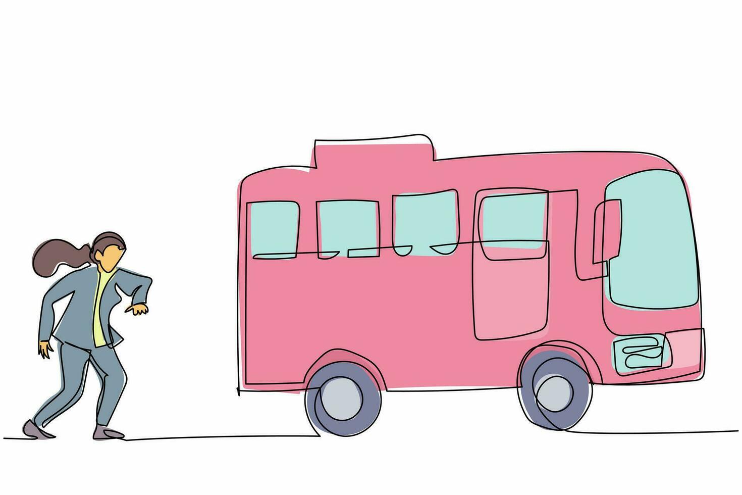 la donna d'affari di disegno continuo di una linea corre a caccia di cercare di prendere l'autobus. affrettati a correre per prendere il trasporto, veicolo pubblico per passeggeri. metafora aziendale. illustrazione grafica vettoriale di progettazione a linea singola
