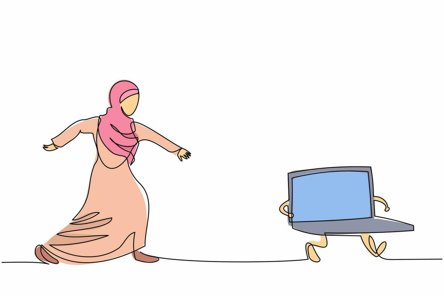 la donna d'affari araba di disegno a linea continua singola prova a inseguire il laptop. manager donna lavora in ufficio che ha scadenze e compiti. metafora aziendale. illustrazione vettoriale di un disegno grafico a una linea