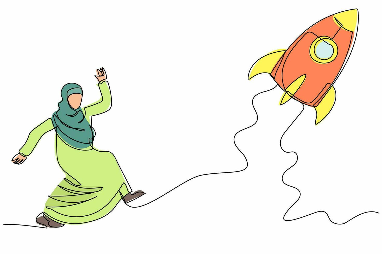 disegno continuo di una linea donna d'affari araba che corre a caccia di un razzo decollare. avvio di un nuovo progetto imprenditoriale. volando verso la crescita e la carriera di successo. illustrazione grafica vettoriale di disegno a linea singola