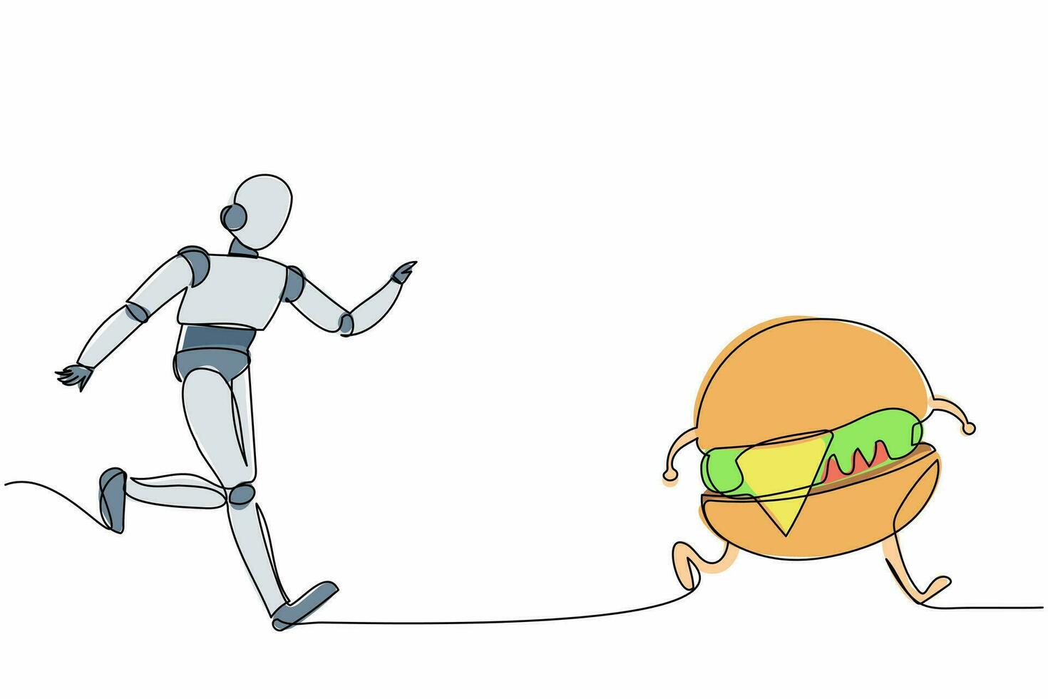 un unico robot di disegno a tratteggio che insegue l'hamburger. industria della fabbrica di beni alimentari. sviluppo tecnologico futuro. processi di apprendimento automatico. illustrazione vettoriale grafica di disegno a linea continua