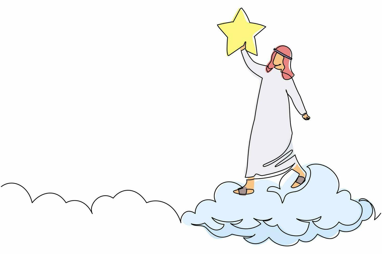 unico disegno a tratteggio uomo d'affari arabo che raggiunge la stella sul cielo. campione di affari per ottenere ricompensa, dipendente vincente, percorso professionale, lavoro da sogno. illustrazione vettoriale grafica di disegno a linea continua