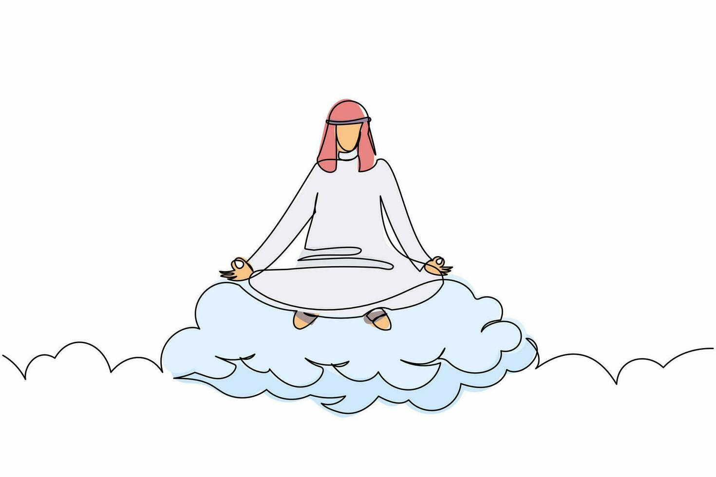 disegno continuo di una linea uomo d'affari arabo medita e riposa nella posizione del loto sulle nuvole. uomo arabo rilassante con posa yoga o meditazione. illustrazione grafica vettoriale di disegno a linea singola