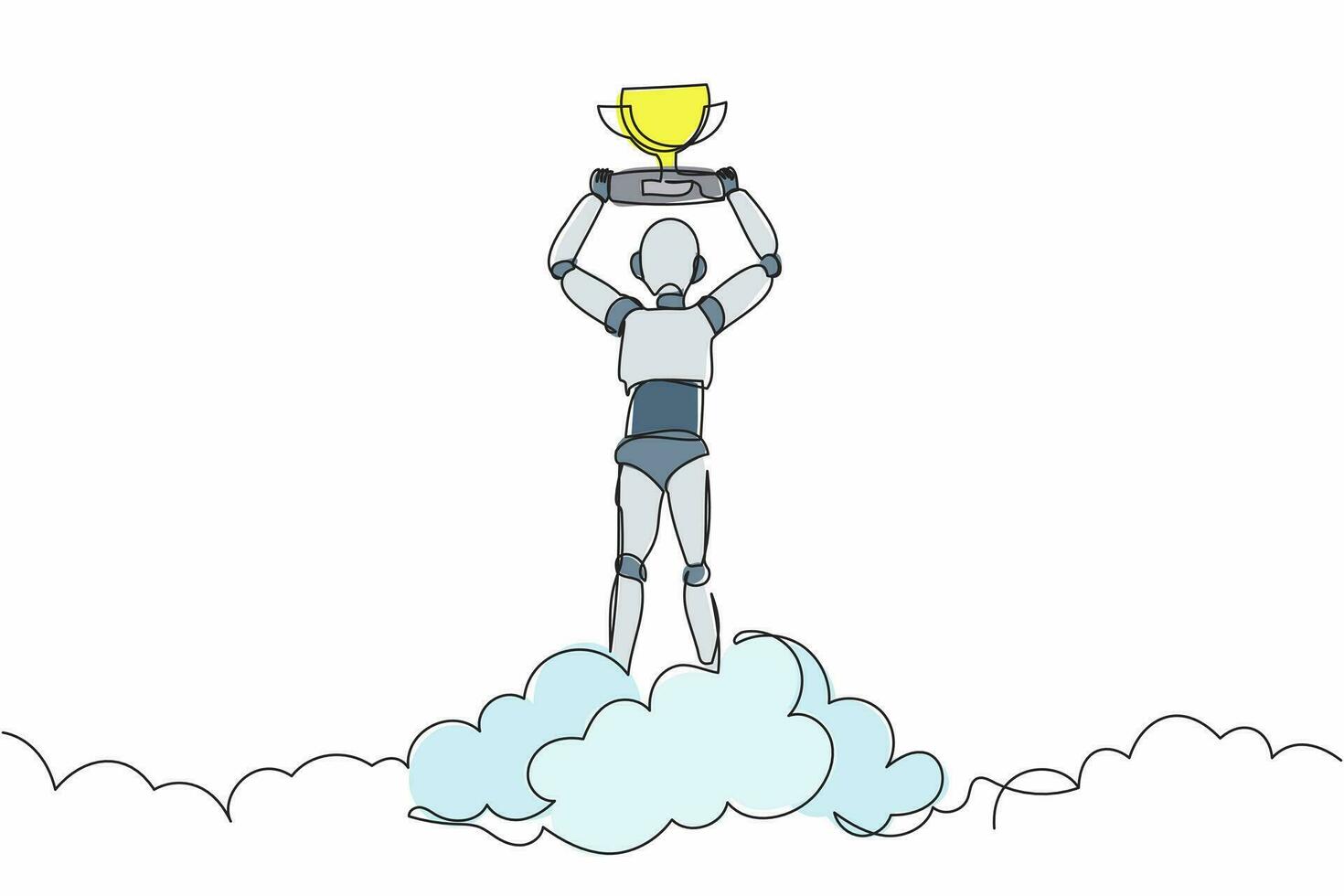singolo robot di disegno a tratteggio che tiene il trofeo nel cloud. celebra la vittoria in cielo. sviluppo tecnologico futuro. apprendimento automatico dell'intelligenza artificiale. illustrazione vettoriale di disegno a linea continua