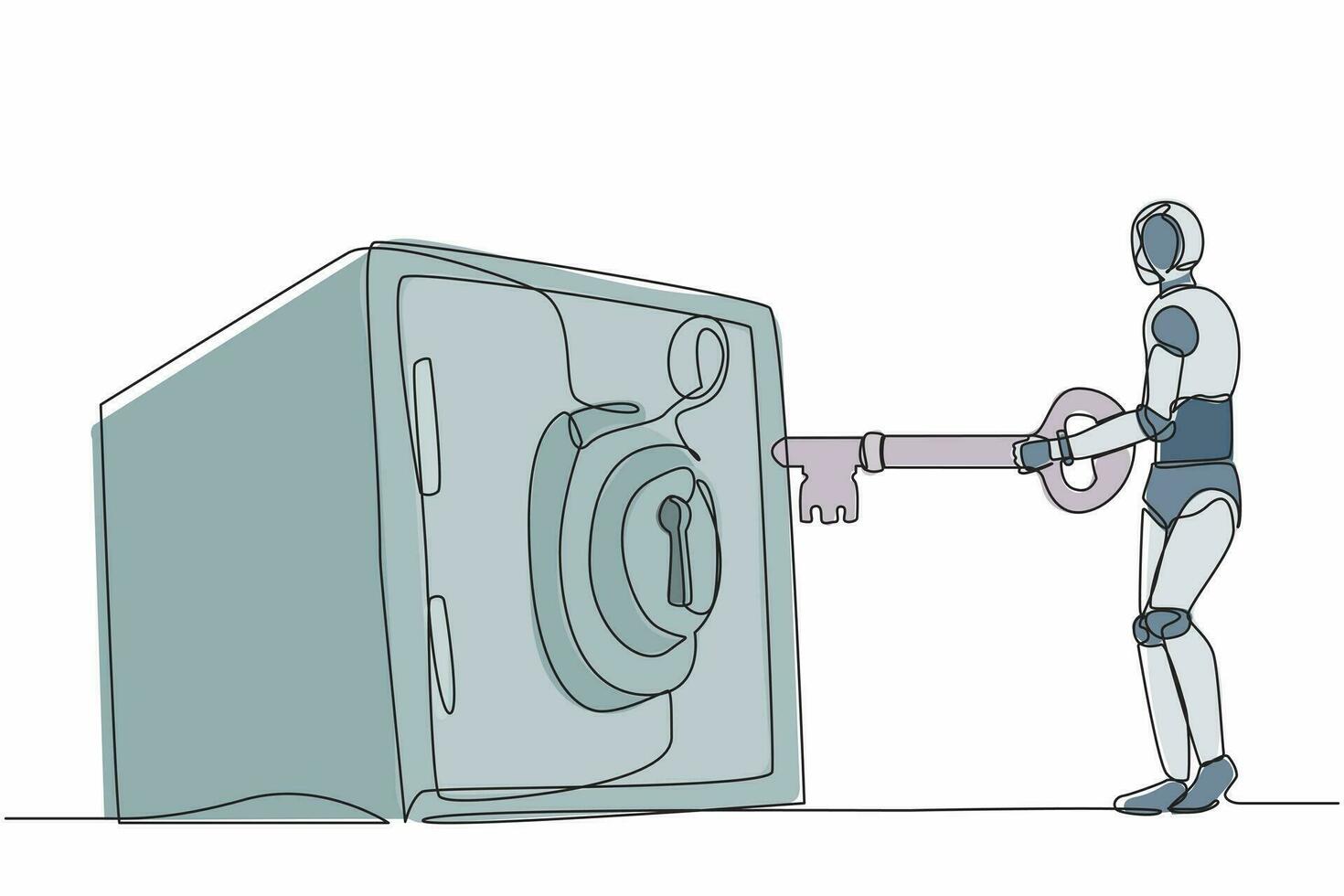 continuo uno linea disegno robot mettendo grande chiave in sicurezza depositare scatola. i soldi, oro, valori protezione. umanoide robot cibernetico organismo. singolo linea disegnare design vettore grafico illustrazione