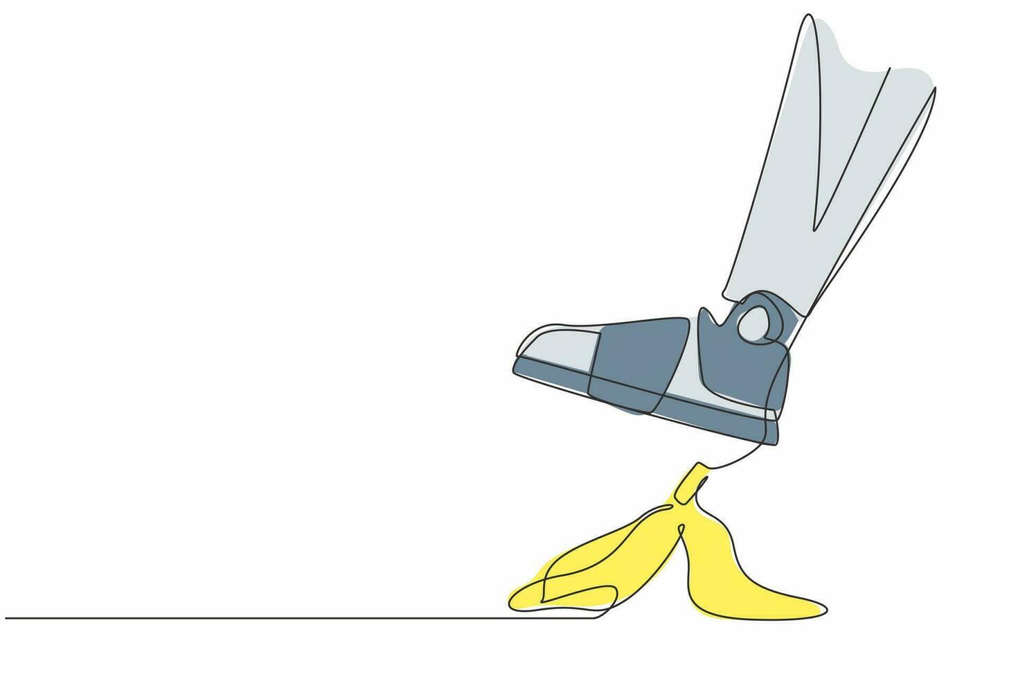 continuo uno linea disegno robot gamba passo su attività commerciale Banana sbucciare. imminente Pericolo, Banana sbucciare sotto i piedi. attività commerciale rischio. umanoide robotica cibernetico organismo. singolo linea design vettore illustrazione