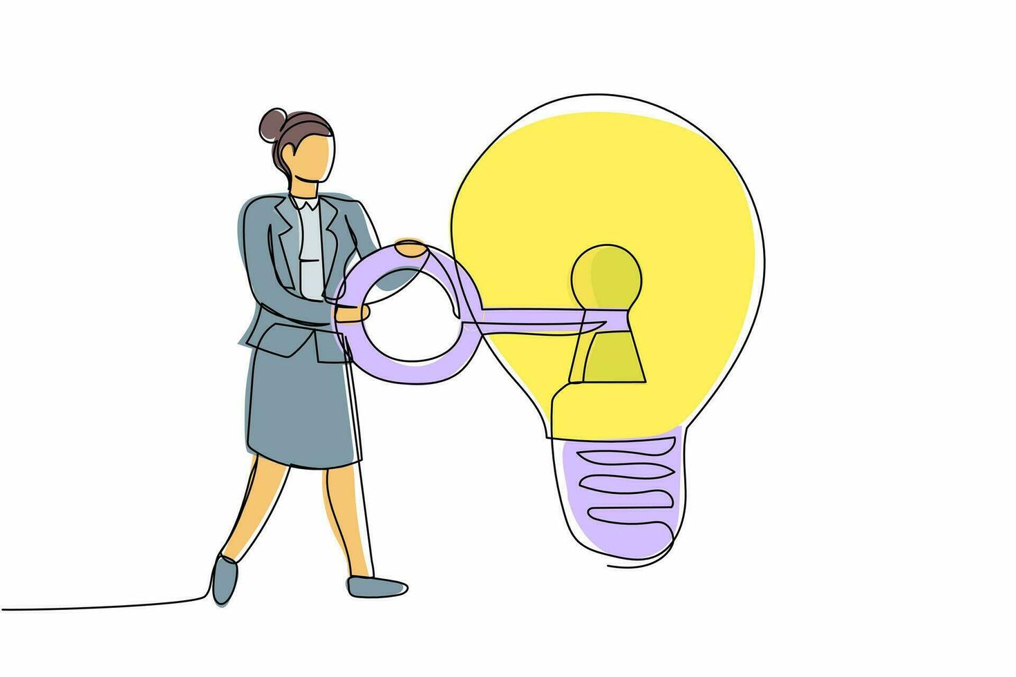 continuo uno linea disegno donna d'affari mettere chiave in leggero lampadina. di brainstorming guardare per attività commerciale idea, inventare nuovo Prodotto o creativo pensieri. singolo linea disegnare design vettore grafico illustrazione