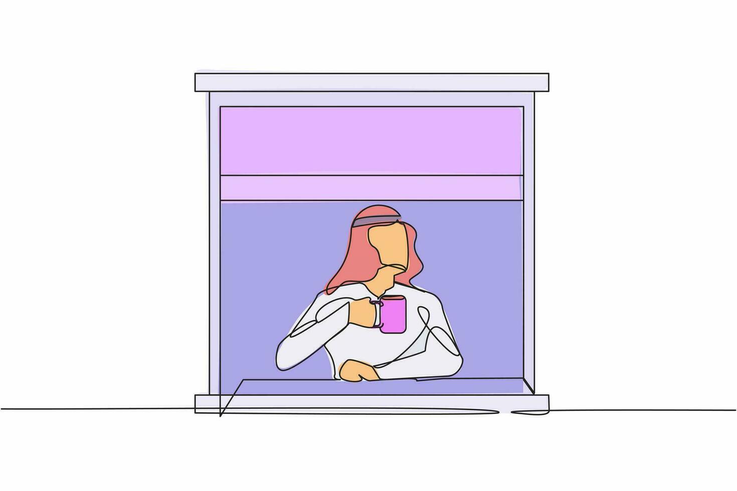 singolo uno linea disegno arabo uomo godere caldo caffè o tè nel finestra Casa. maschio Tenere tazza, guardare attraverso finestra mentre seduta su davanzale a casa. continuo linea disegnare design vettore illustrazione