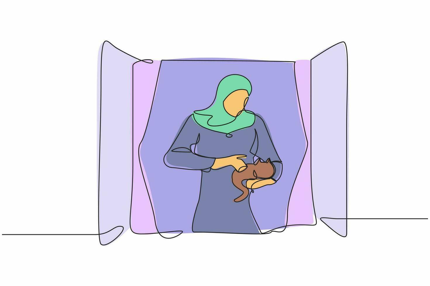 singolo uno linea disegno arabo donna Tenere gatto e guardare attraverso finestra. restare casa e giocare con sua animale domestico. restare sicuro durante pandemia. coronavirus. continuo linea design grafico vettore illustrazione