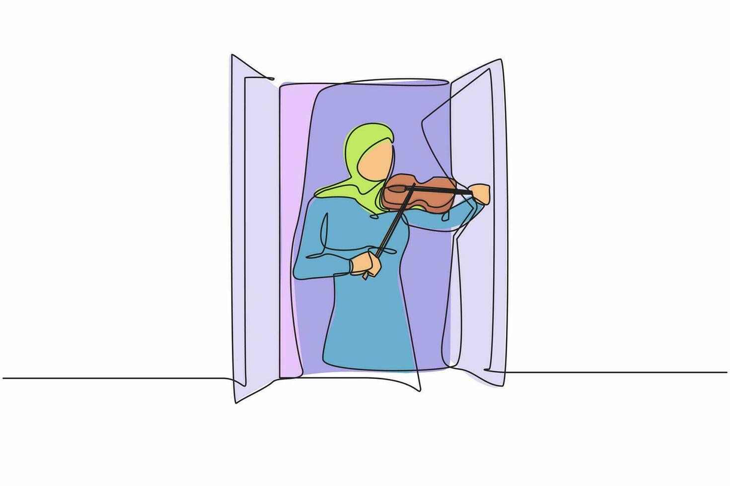 continuo uno linea disegno arabo donna musicista in piedi vicino finestra e giocando violino. femmina soggiorno a casa nel se stesso quarantena dovuto per pandemia. singolo linea disegnare design vettore grafico illustrazione