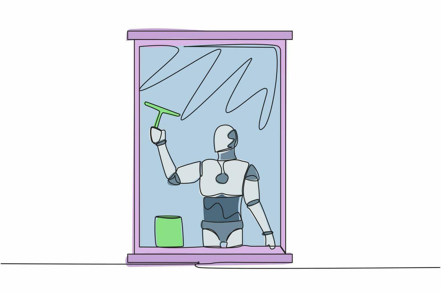 singolo uno linea disegno di robot pulizia finestre con bicchiere addetto alle pulizie Strumenti. lavaggio finestre con benna, detergente, bagnato straccio. robotica artificiale intelligenza. continuo linea design vettore illustrazione
