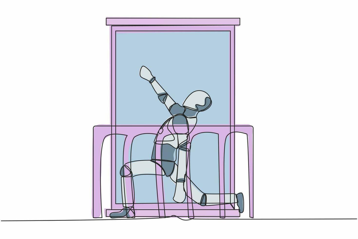 continuo uno linea disegno robot con cuffie pratiche yoga vicino finestra o balcone. gli sport, allenamento, esercizio attività. umanoide robot cibernetico organismo. singolo linea design vettore illustrazione