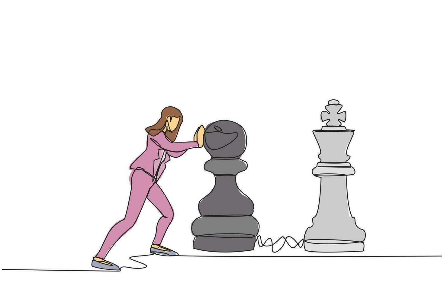 continuo uno linea disegno competitivo donna d'affari spingere enorme pedone scacchi pezzo per battere re. strategico pensiero, inteligente mossa nel attività commerciale giocare gioco. singolo linea disegnare design vettore grafico illustrazione