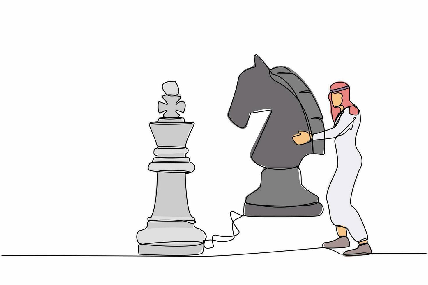 singolo uno linea disegno arabo uomo d'affari Tenere cavallo scacchi pezzo per battere re scacchi. strategico pianificazione, attività commerciale sviluppo strategia, tattica nel gioco. continuo linea design vettore illustrazione