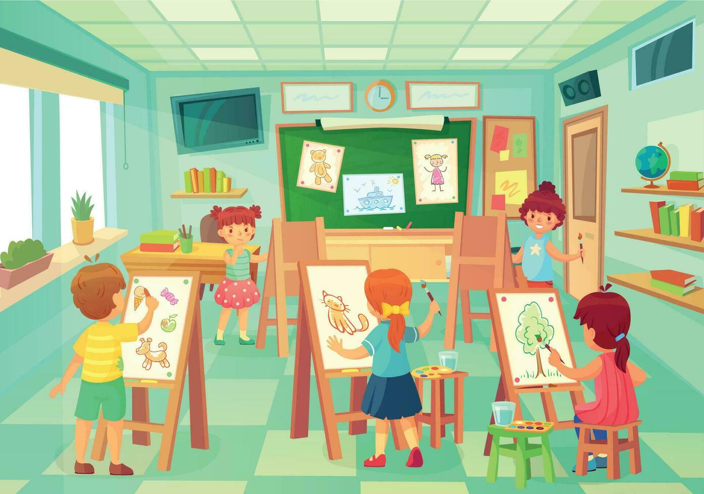 bambini disegno nel arte classe. vettore arte formazione scolastica