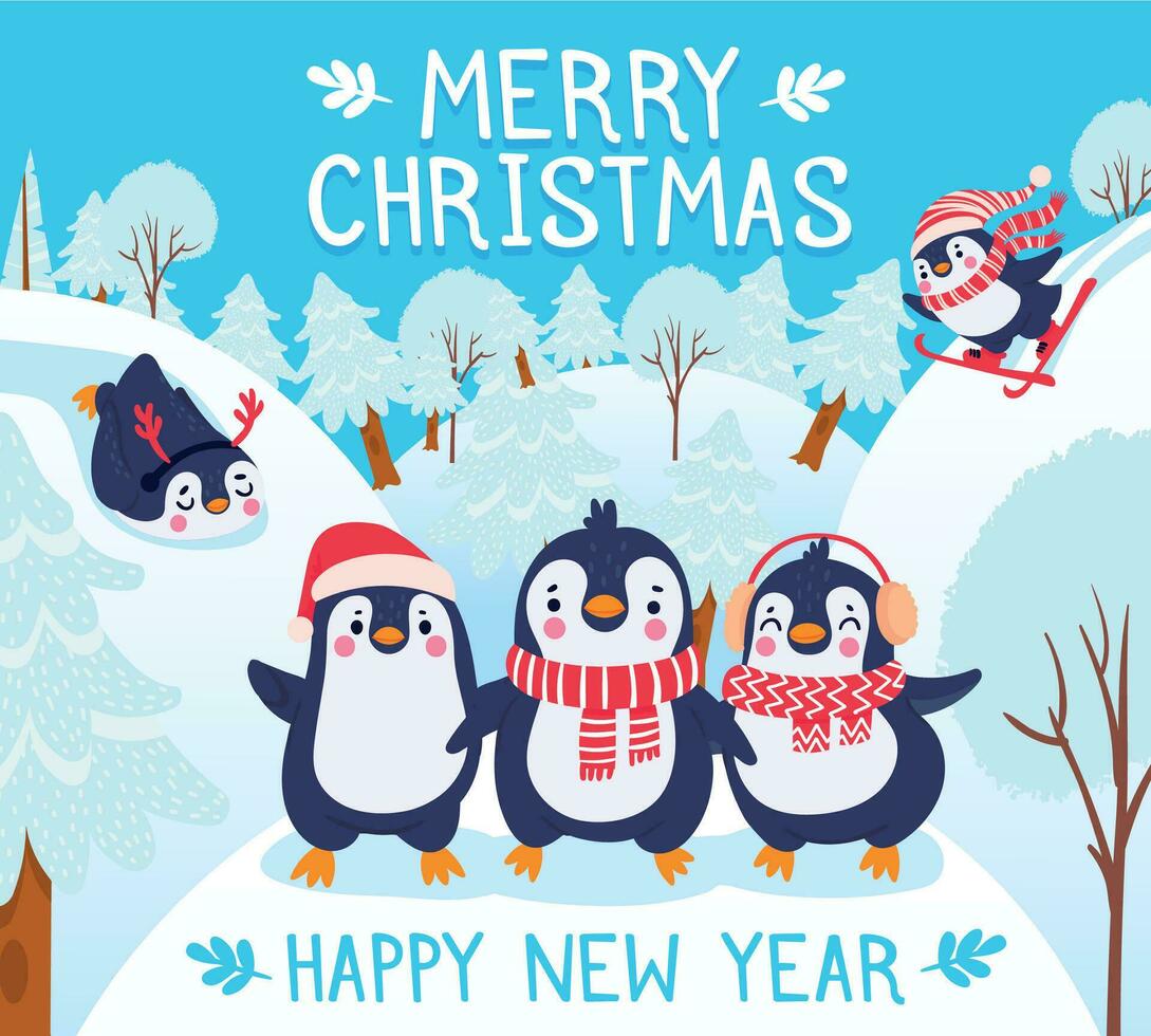 Natale con pinguini. vacanze saluti con carino contento pinguini nel inverno foresta, lettering allegro Natale vettore sfondo