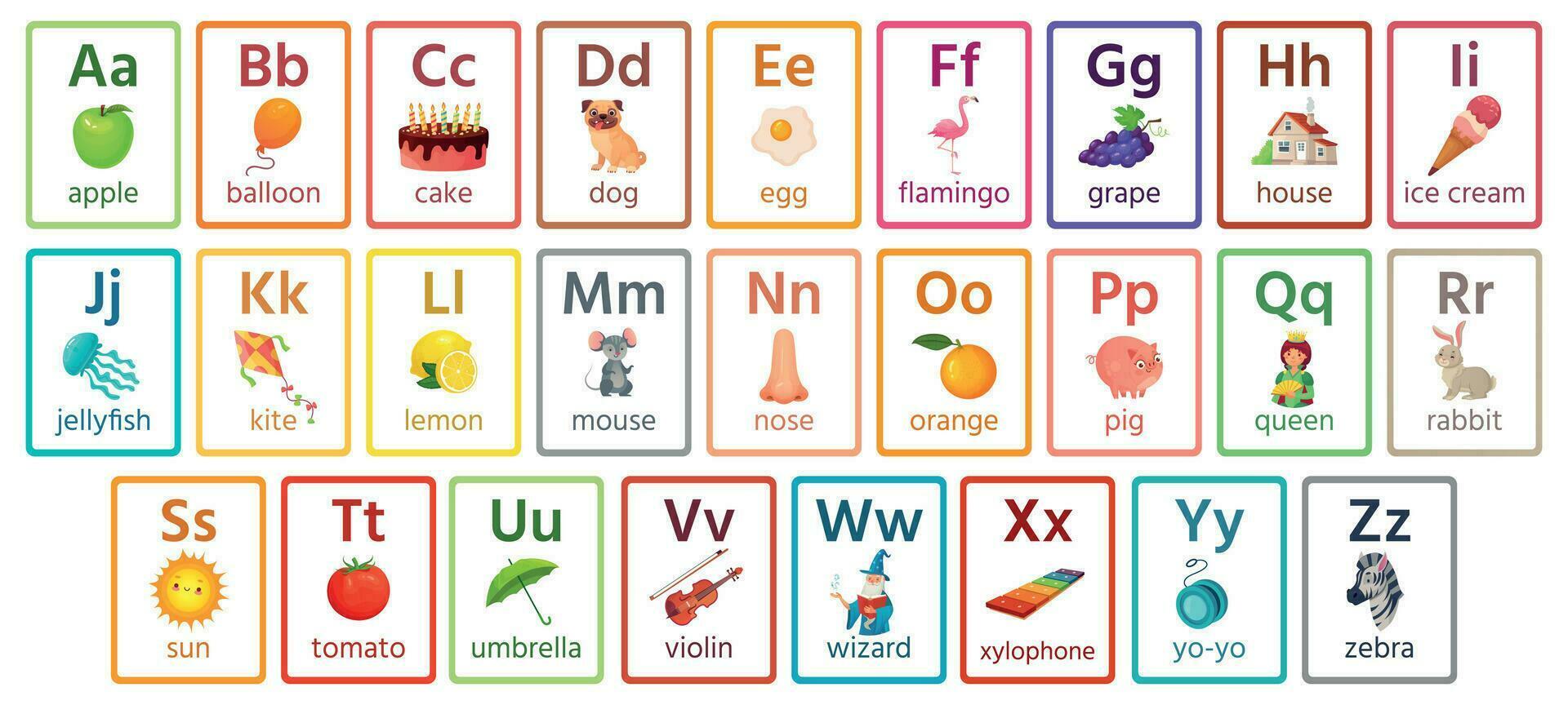 bambini abc carte. lettera studia impostare, inglese alfabeto con cibo, animali e Fata racconto personaggi cartone animato illustrazioni vettore collezione