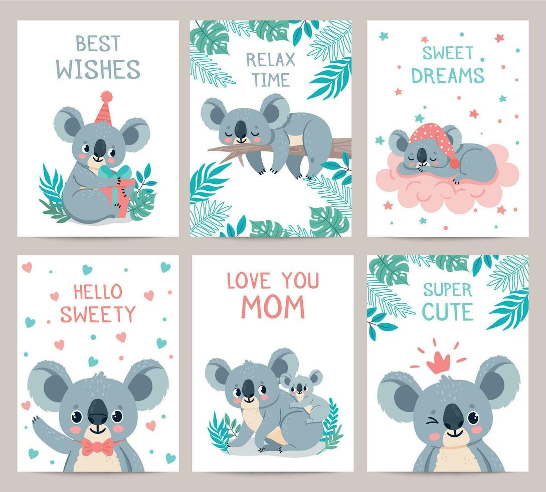 koala manifesti e carte. stampe con carino addormentato koala. australiano bambino orso abbracci madre. festa invito con giungla animale, vettore impostato
