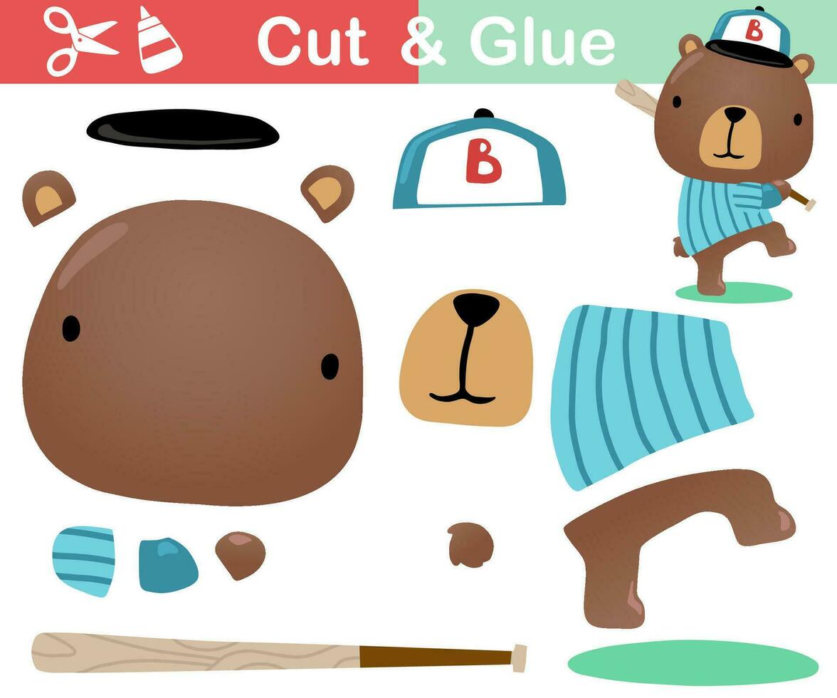 vettore illustrazione di carino orso cartone animato giocando baseball. carta gioco per bambini. tagliare e colla