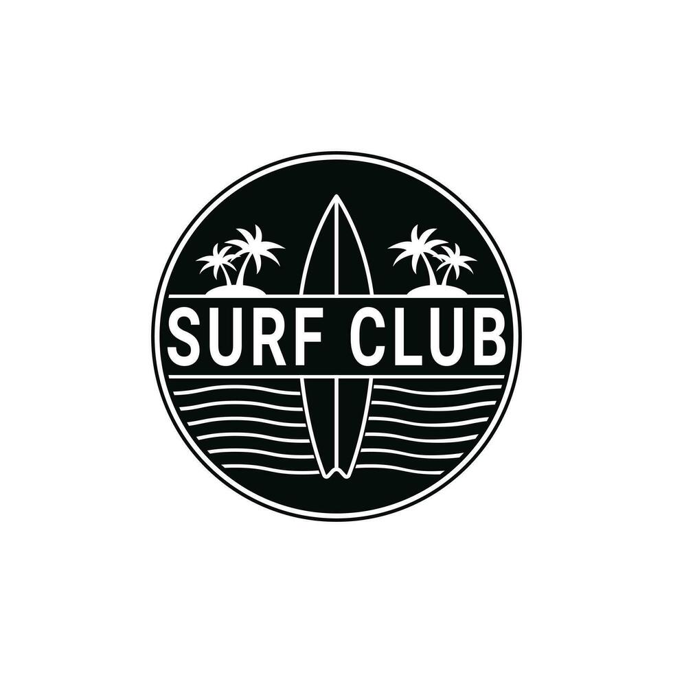 Surf club logo design idea con Vintage ▾ tavola da surf icona, retrò etichetta cerchio vettore