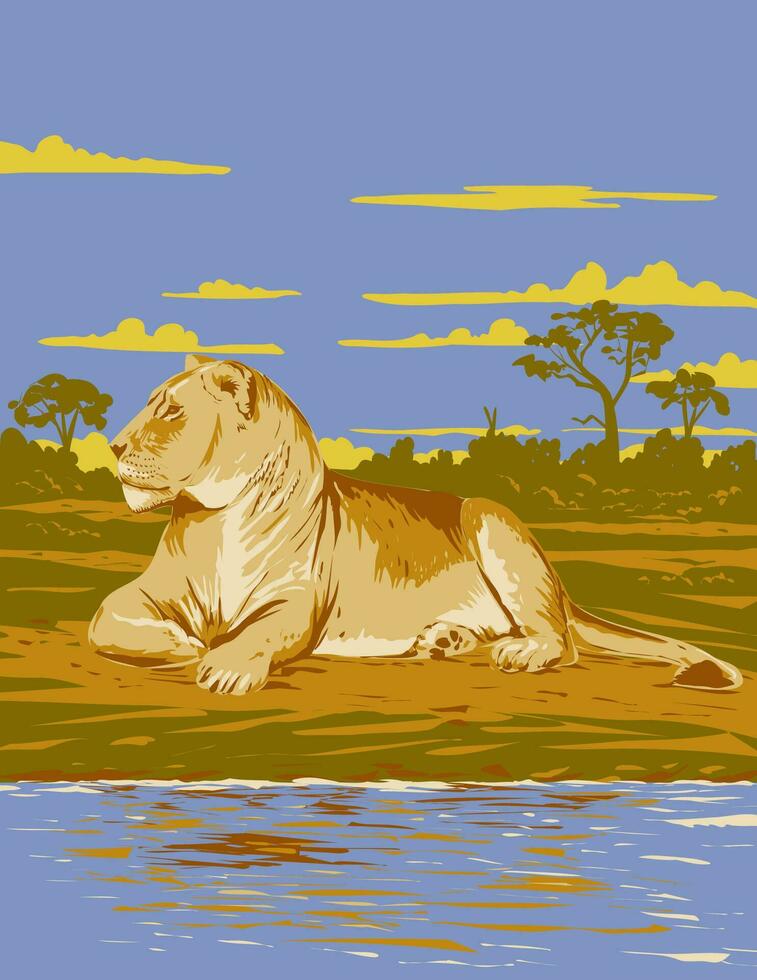 leonessa nel hwange nazionale parco Zimbabwe Africa arte deco wpa manifesto arte vettore