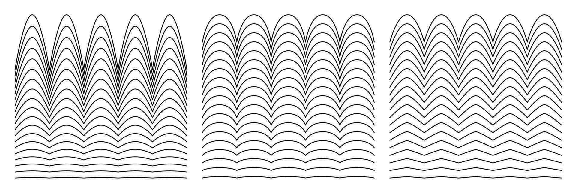 un' collezione di ondulato zigzag orizzontale wiggly linee, senza soluzione di continuità frontiere, e liscio e angolare grafico design elementi impostato su un' bianca sfondo. vettore