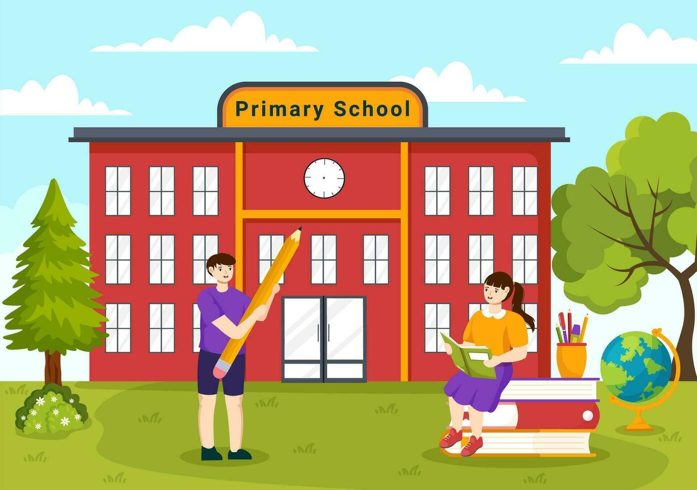 primario scuola vettore illustrazione di studenti bambini e scuola edificio con il concetto di apprendimento e conoscenza nel piatto cartone animato sfondo