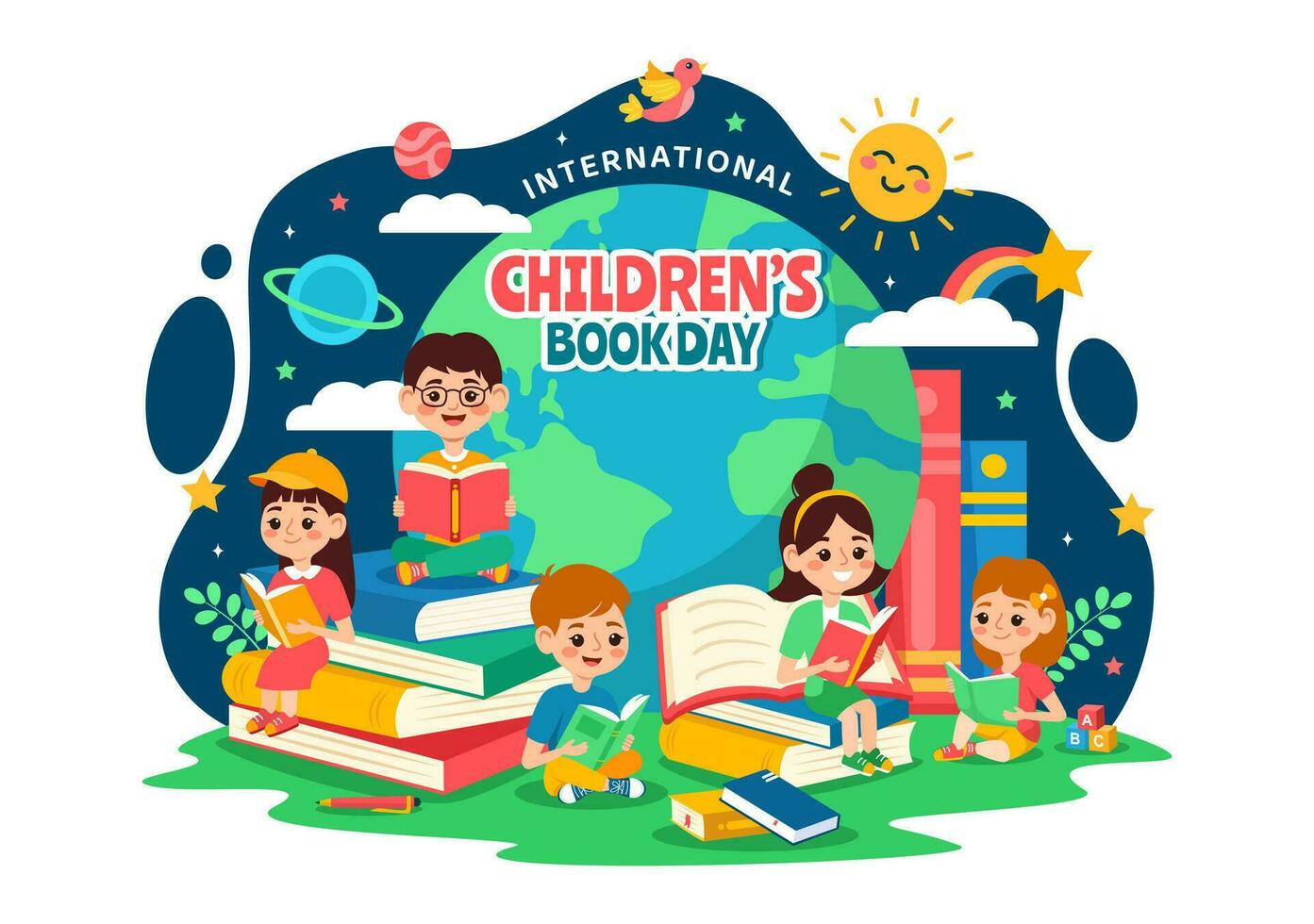 internazionale figli di libro giorno vettore illustrazione su 2 aprile con bambini lettura un' libri e globo carta geografica nel piatto cartone animato sfondo design