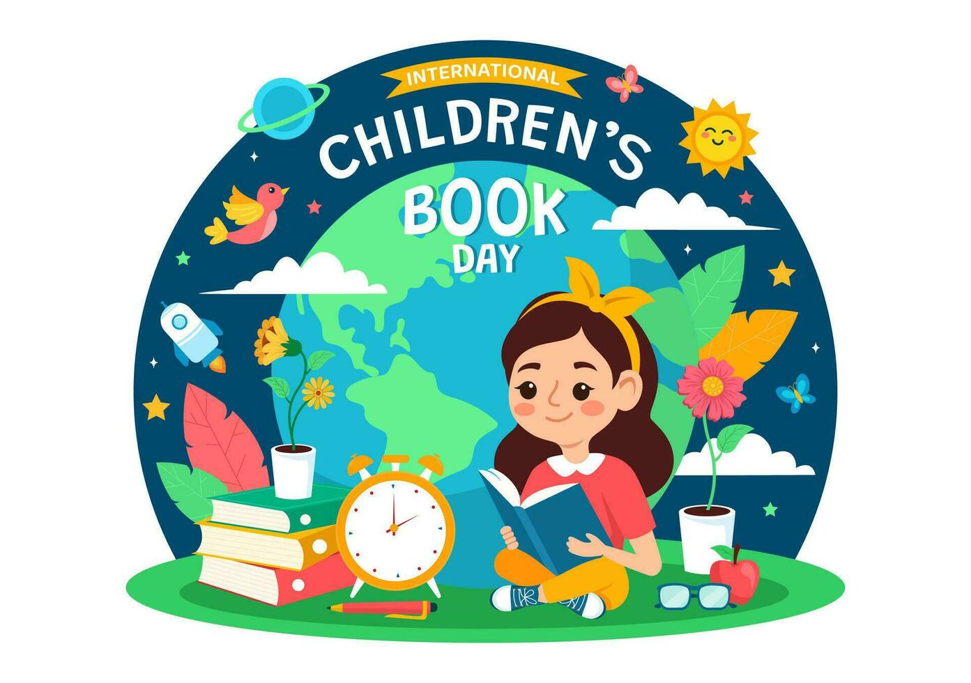 internazionale figli di libro giorno vettore illustrazione su 2 aprile con bambini lettura un' libri e globo carta geografica nel piatto cartone animato sfondo design