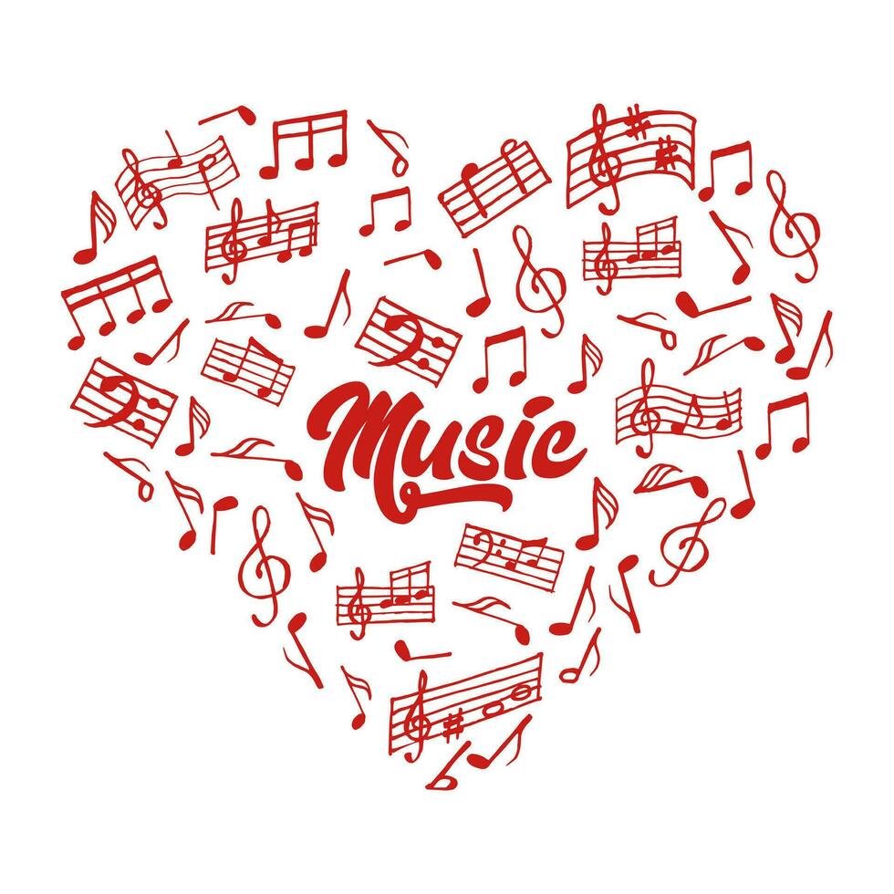 cuore a partire dal musicale Appunti, rosso musicale cuore su un' bianca sfondo. musica manifesto, striscione, vettore