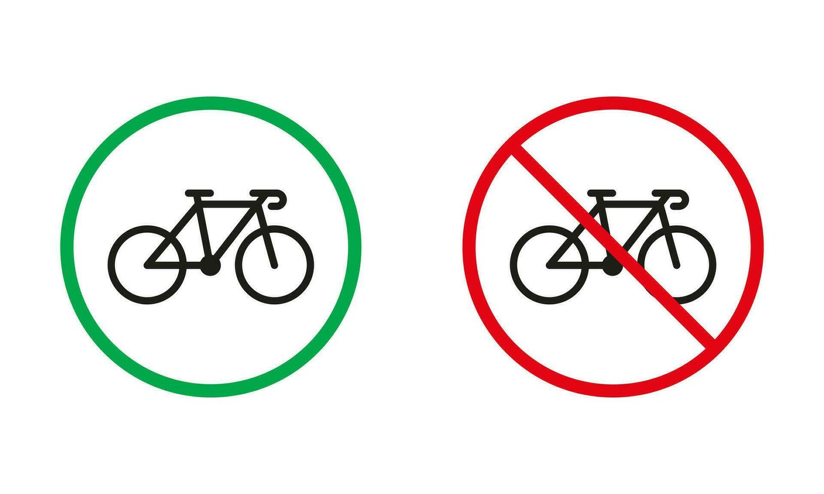 bicicletta avvertimento cartello impostare. Ciclismo permesso e vietare silhouette icone. guidare bicicletta rosso e verde cerchio simbolo. bicicletta gara zona. isolato vettore illustrazione.