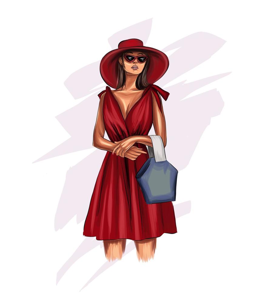 bella giovane donna in abito rosso. elegante ragazza elegante in cappello. moda donna da vernici multicolori. spruzzata di acquerello, disegno colorato, realistico. illustrazione vettoriale di vernici