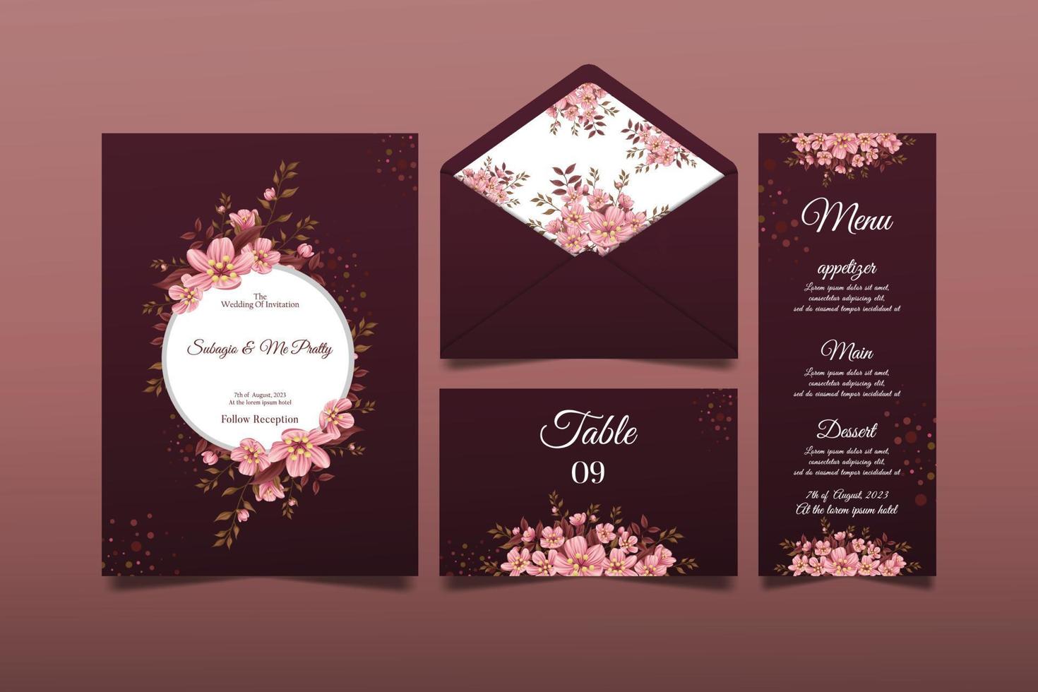 set di carte con fiori di ciliegio, foglie. concetto di matrimonio. vettore decorativo della carta di nozze o fondo di progettazione dell'invito