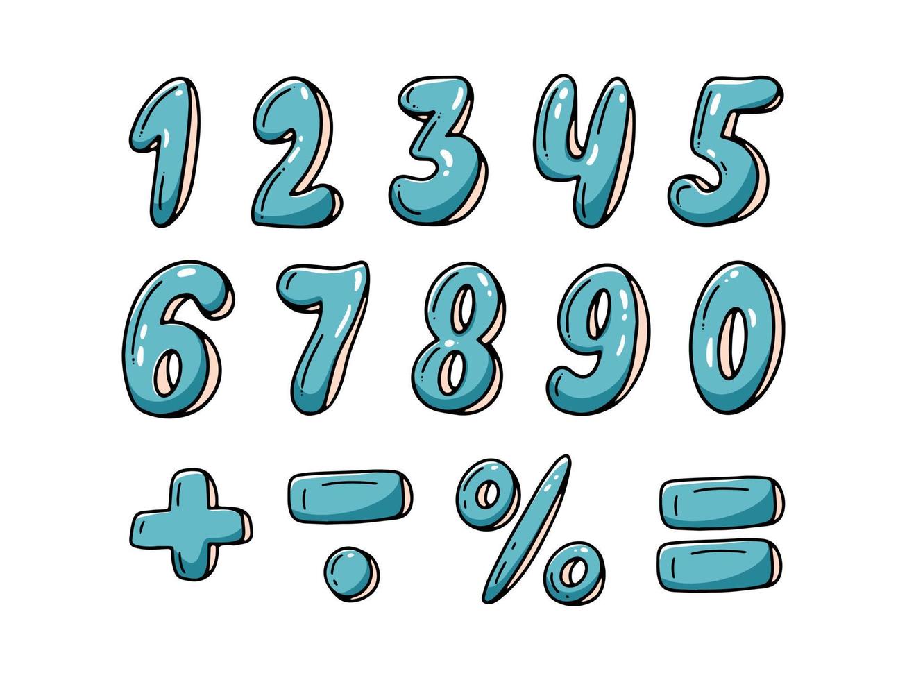 set di numeri da 0 a 10, segni matematici più, meno, uguale, percentuale isolata su sfondo bianco. vettore