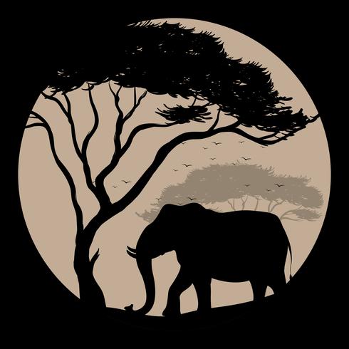 Scena di sagoma con elefante e albero vettore