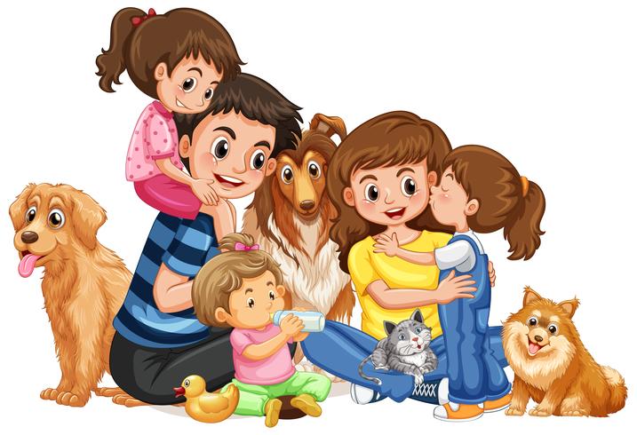 Famiglia felice con quattro bambini e animali domestici vettore