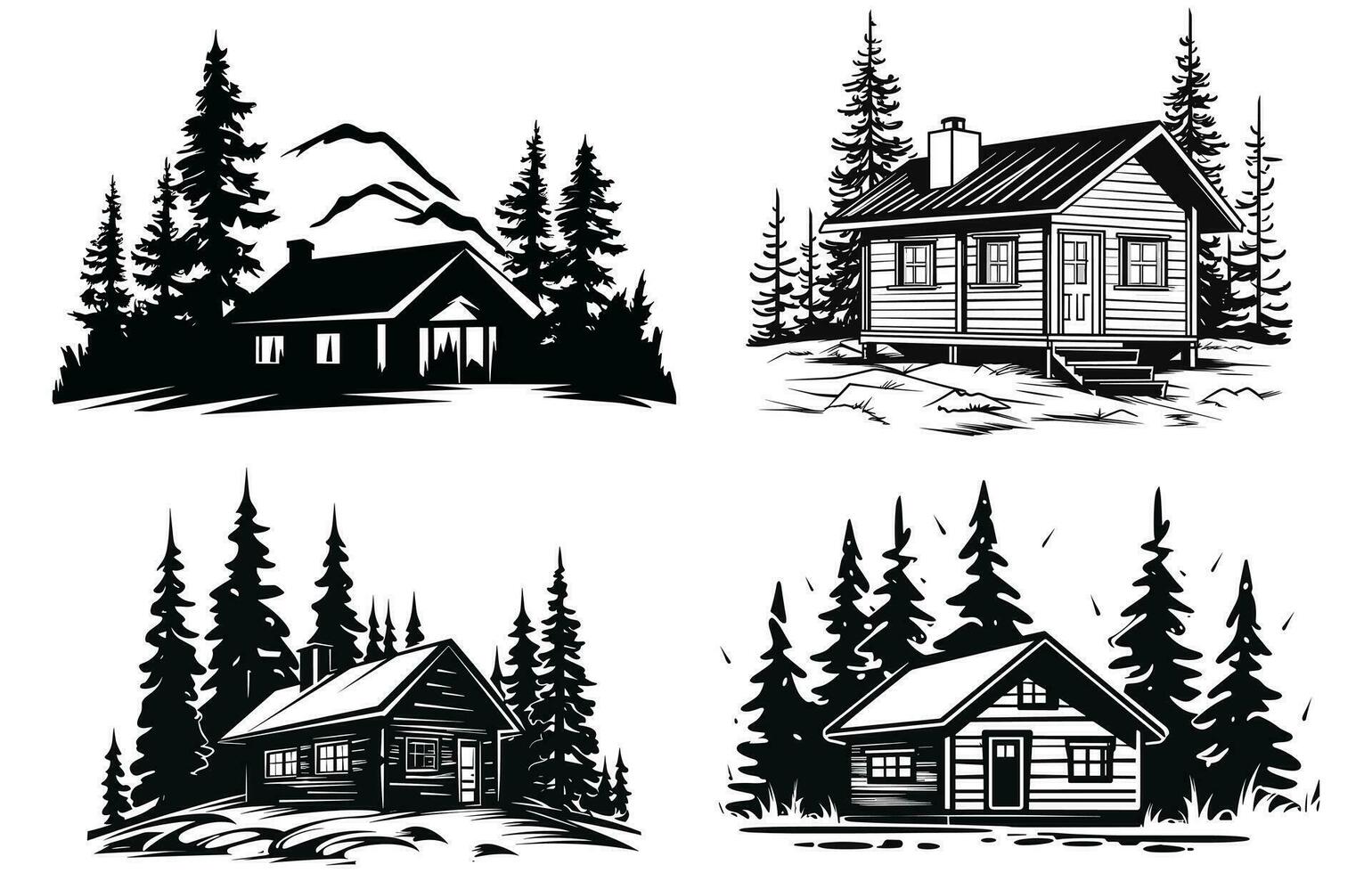 foresta di legno Casa villaggio cabina silhouette, di legno cabina e pino foresta montagna silhouette vettore