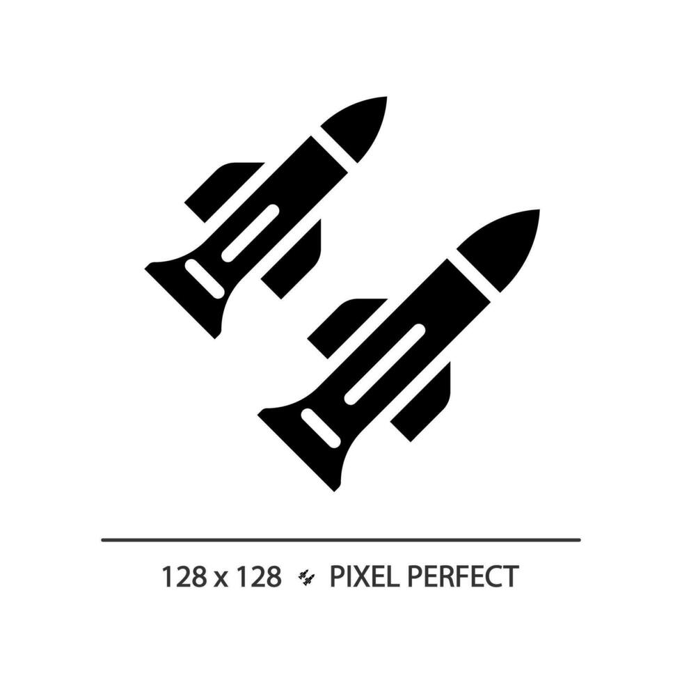 2d pixel Perfetto glifo stile missile icona, isolato vettore, piatto silhouette illustrazione che rappresentano Armi. vettore