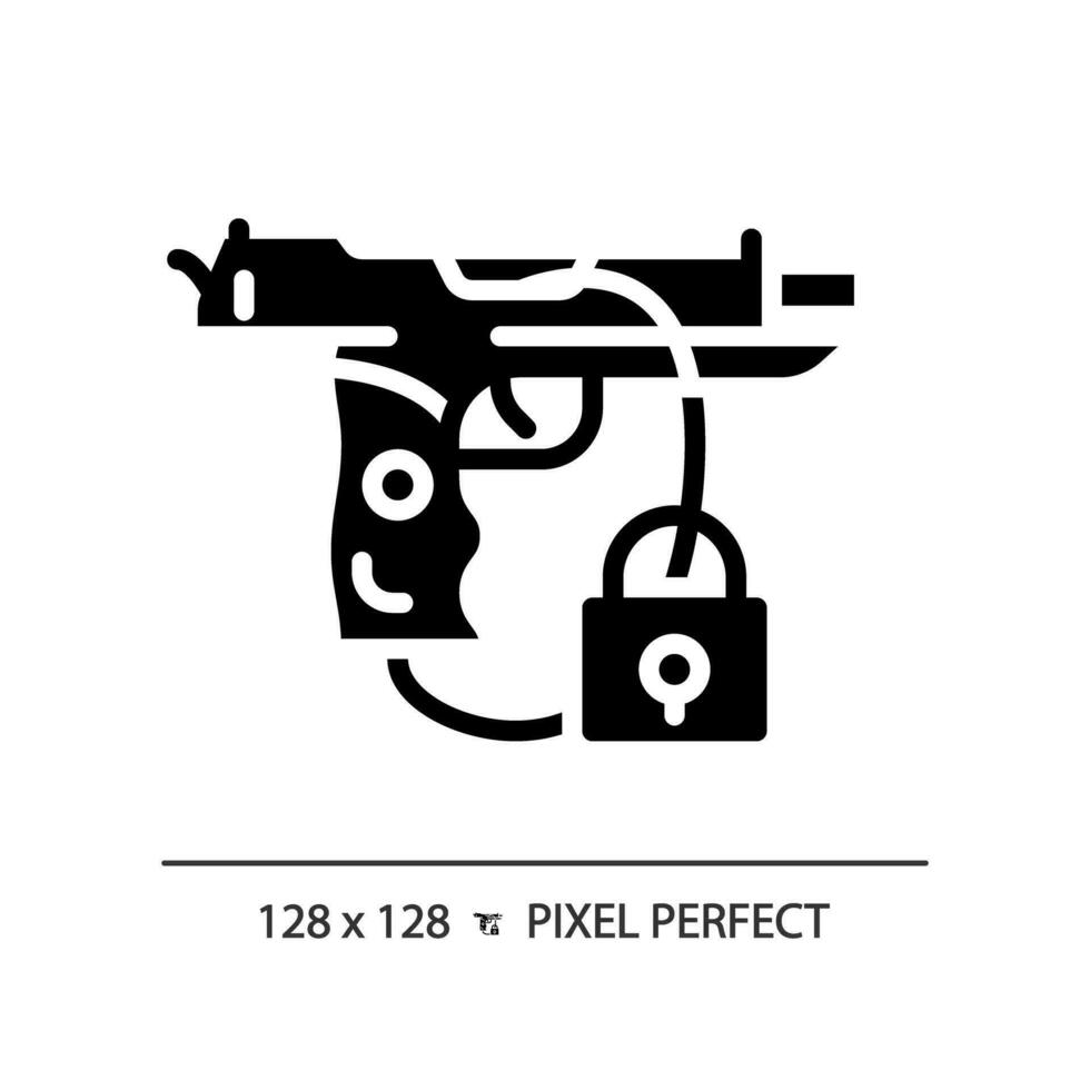 2d pixel Perfetto glifo stile pistola sicurezza icona, isolato vettore, piatto silhouette illustrazione che rappresentano Armi. vettore