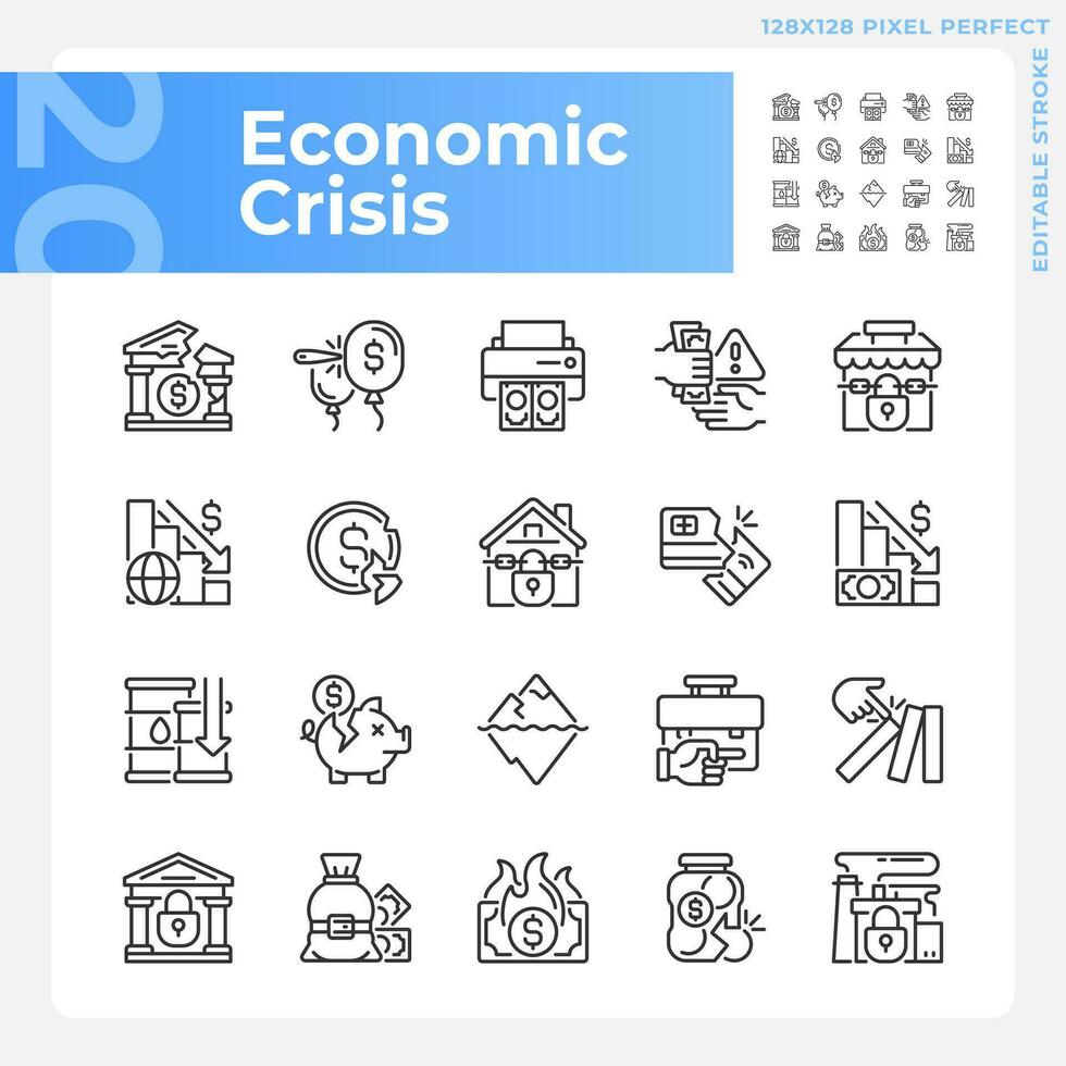 2d pixel Perfetto leggero e buio icone impostato che rappresentano economico crisi, modificabile magro linea illustrazione. vettore
