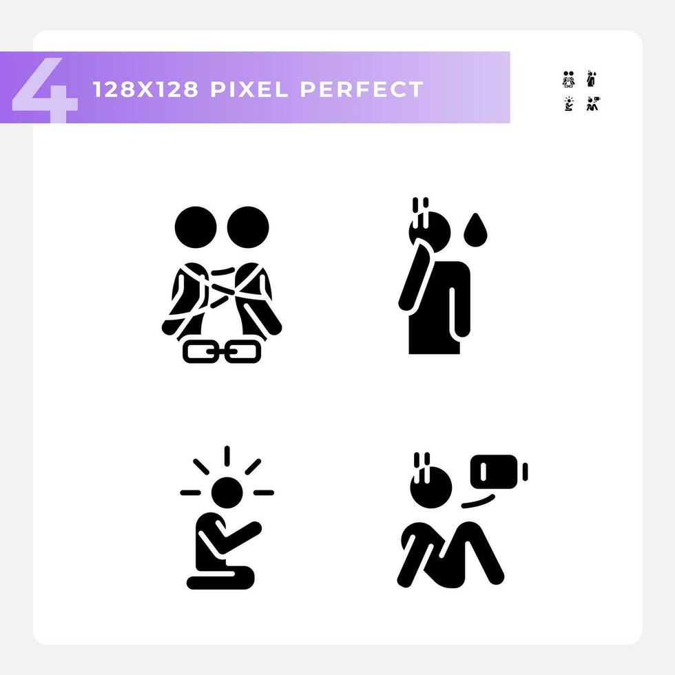 pixel Perfetto glifo stile icone che rappresentano psicologia, silhouette illustrazione impostare. vettore