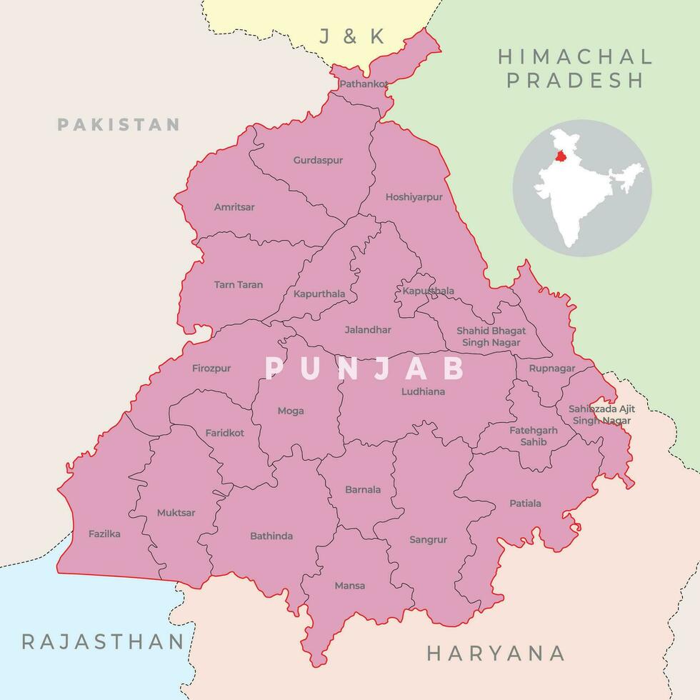 Punjab quartiere carta geografica con vicino stato e nazione vettore
