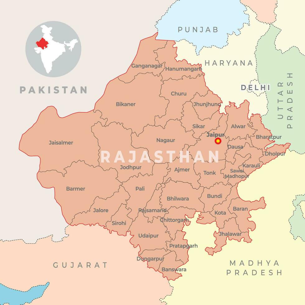 Rajasthan quartiere carta geografica con vicino stato e nazione vettore