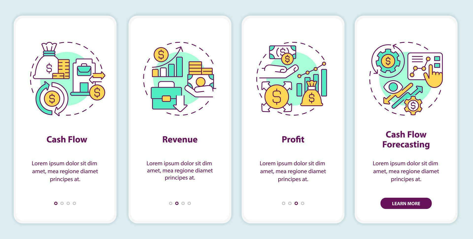 2d icone che rappresentano finanziario fondamenti mobile App schermo impostare. Procedura dettagliata 4 passaggi multicolore grafico Istruzioni con magro linea icone concetto, ui, ux, gui modello. vettore