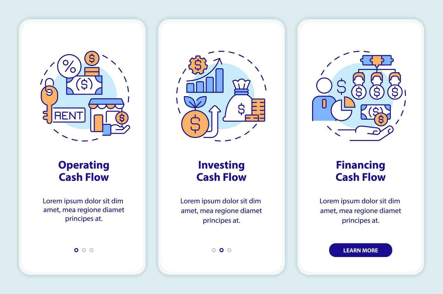 2d icone che rappresentano denaro contante flusso struttura mobile App schermo impostare. Procedura dettagliata 3 passaggi colorato grafico Istruzioni con magro linea icone concetto, ui, ux, gui modello. vettore