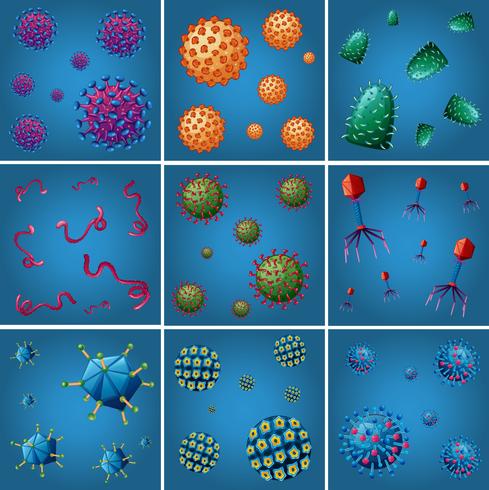 Diversi tipi di batteri su sfondo blu vettore