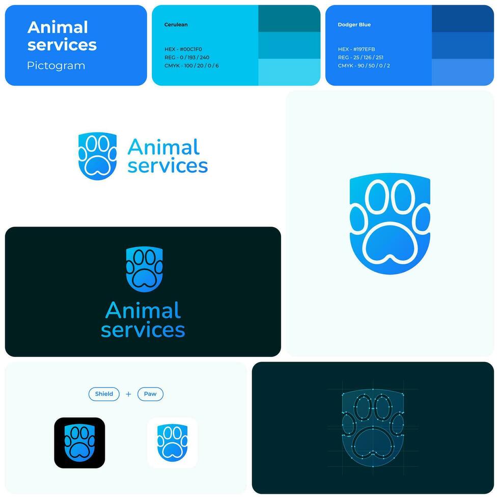 animale domestico governare pendenza glifo attività commerciale logo. marca nome. professionale competenza valore. zampa Stampa e scudo semplice icona. design elemento. visivo identità. adatto per il branding vettore