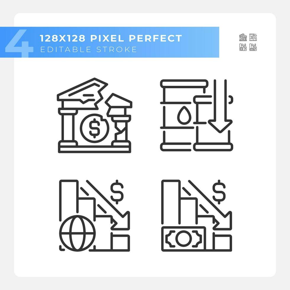 2d pixel Perfetto nero icone impostato che rappresentano economico crisi, modificabile magro linea illustrazione. vettore